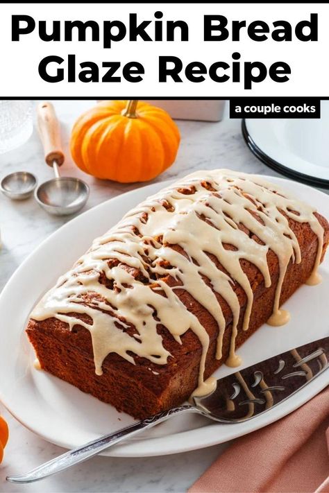 This glaze for pumpkin bread takes this tasty loaf over the top! Try it with this simple maple or vanilla icing. Pop over to our site for the recipe! Glaze For Pumpkin Bread, Bread Glaze Recipe, Bread Glaze, Easy Pumpkin Bread Recipe, Easy Pumpkin Bread, Vegan Pumpkin Bread, Pumpkin Food, Pumpkin Bread Easy, A Couple Cooks