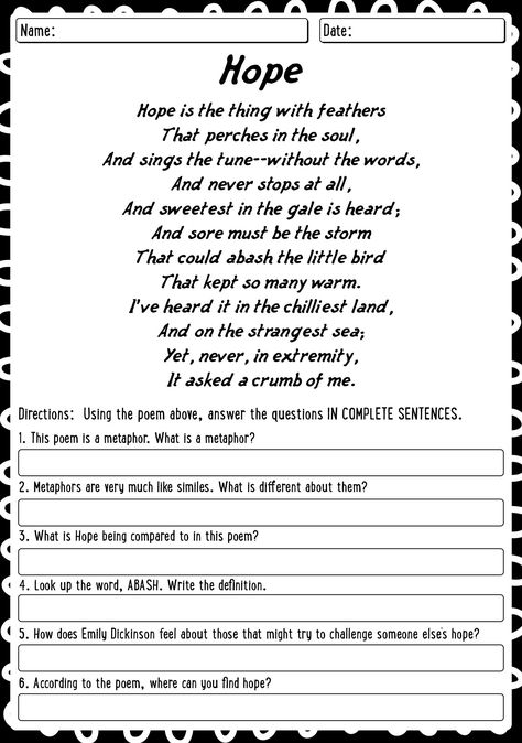 Emily Dickinson Poem Worksheet Poetry Comprehension Worksheets, Grade 7 English, Poetry Questions, Beginning Sounds Kindergarten, Poem Worksheet, Poetry Analysis Worksheet, Analyzing Poetry, Poetry Comprehension, Poetry Worksheets