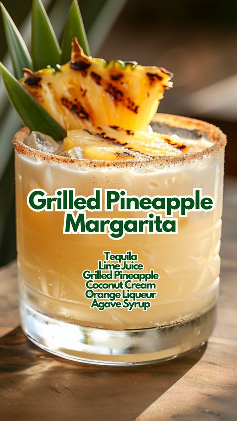 The Grilled Pineapple Margarita is a tropical twist on the classic margarita, featuring the smoky sweetness of grilled pineapple combined with the rich flavors of coconut and lime. #grilledpineapplemargarita via @mybartender Grill Pineapple, Pineapple Tequila, Margarita Flavors, Pineapple Cocktails, Coconut Cocktails, Liqueur Cocktails, Cocktail Cards, Winter Holiday Recipes, Flavored Margaritas