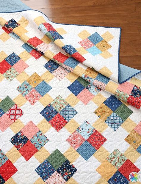 Prime Time quilt pattern by Andy Knowlton of A Bright Corner quilt blog - a cute quilt pattern for charm packs, layer cakes, fat quarters and has four size options Button Box Quilt Pattern, Quilt Patterns Using 4 Inch Squares, 4 Patch Quilt Pattern Ideas Charm Pack, Charm Square Quilts Easy, King Quilt Pattern Free, Free King Size Quilt Patterns, Town Square Quilt Pattern Free, One Charm Pack Quilt Patterns Free, 4patch Quilts