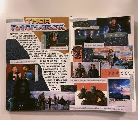 Marvel Journal Page, Movies Watched Journal, Movies We Watched Scrapbook, Fav Movie Page Journal, Bullet Journal Films, Marvel Books, Movie Collage, Collage Book, Art Journal Therapy