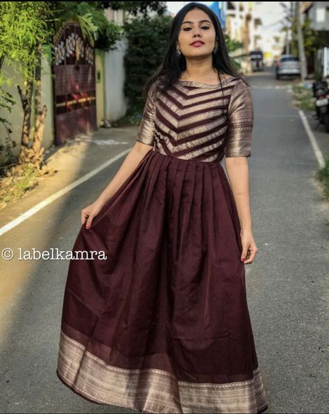 Saree Conversion Ideas, Old Saree Kurti Design, Old Saree Reuse Sari Dress, Pattu Long Frocks For Women, Old Sarees Convert Into Dress, Chudi Designs, Ladies Frock Design, Hari Priya, Floral Long Frocks