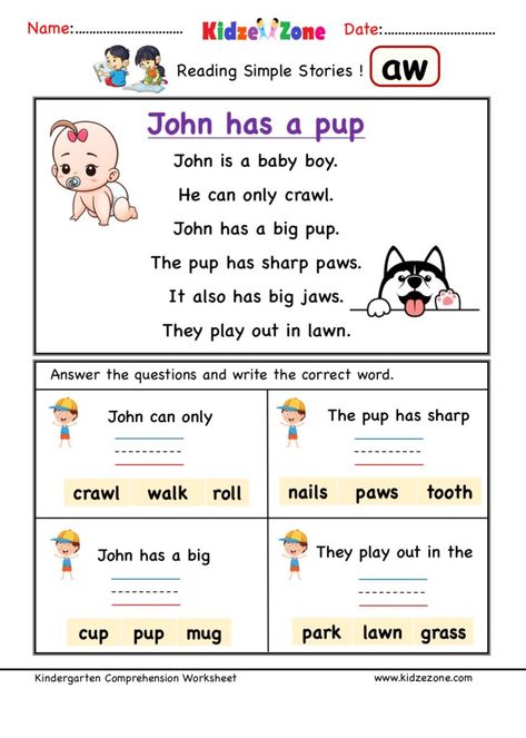 Word Family Reading Comprehension, Family Reading Comprehension, Kindergarten Comprehension Worksheets, Aw Words, Kindergarten Comprehension, Phonics Reading Activities, Word Family Reading, Enhance Vocabulary, Ccvc Words