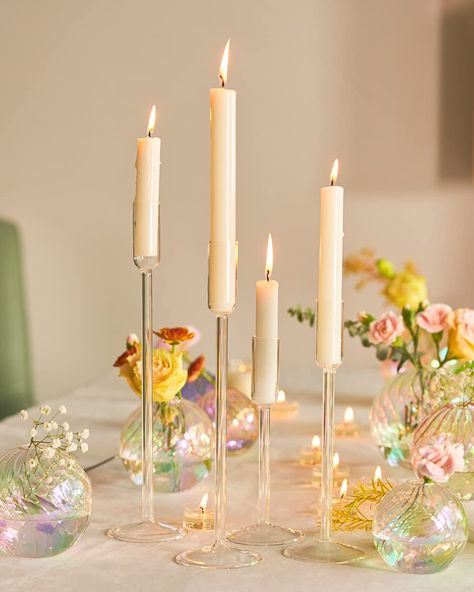 Wedding Reception Tables Centerpieces, Glass Taper Candle Holders, Reception Table Centerpieces, Glass Pillar Candle Holders, Fake Candles, Festive Table Setting, Party Table Centerpieces, Table Centerpiece Decorations, Christmas Events