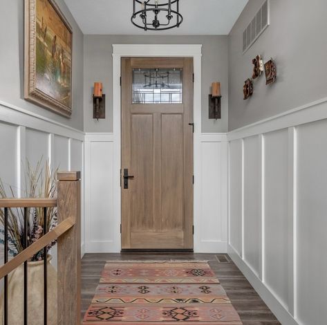 35 Modern Wainscotting Ideas For Your Home Wainscoting Ideas Hallway Entry Hall, Craftsman Wainscoting Ideas, Wainscoting In Entryway, Wayne’s Coating Wood, Modern Waynes Coating, Wainscoting Color Ideas, Entryway Wainscoting Ideas, Trim Ideas For Walls, Living Room Wainscoting Ideas