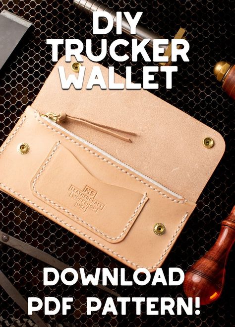 Diy Leather Wallet Pattern, Leather Card Wallet Pattern, Wallet Pattern Free, Leather Patterns Templates, Diy Leather Working, Diy Leather Wallet, Trucker Wallet, Leather Wallet Design, Diy Leather Projects