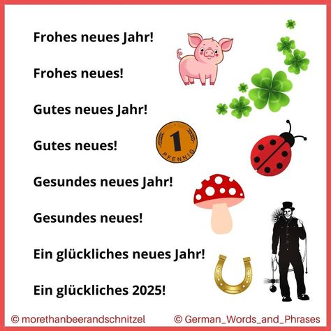 Ich wünsche euch ein frohes neues Jahr!

Alle diese Dinge bringen Glück:
das Schwein - pig
der vierblättrige Klee - four-leafed clover
der Pfennig/Cent, der Glückspfennig, -cent - (lucky) penny
der Marienkäfer - ladybug
der Fliegenpilz - toadstool
der Schornsteinfeger - chimney sweep
das Hufeisen - horseshoe

You can read more about good luck charms on my blog (link in bio), it's in English though.

#deutschlernen #frohesneues #frohesneuesjahr #happynewyear #goodluckcharms #glückssymbole #glü... German Language Learning, German Language, Lady Bug, Penny