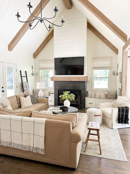 Great Room Addition, Cathedral Ceiling Living Room, Fireplace Makeovers, Living Room Addition, Beams Living Room, Farmhouse Family Rooms, Vaulted Ceiling Living Room, Family Room Addition, Dusty Sage