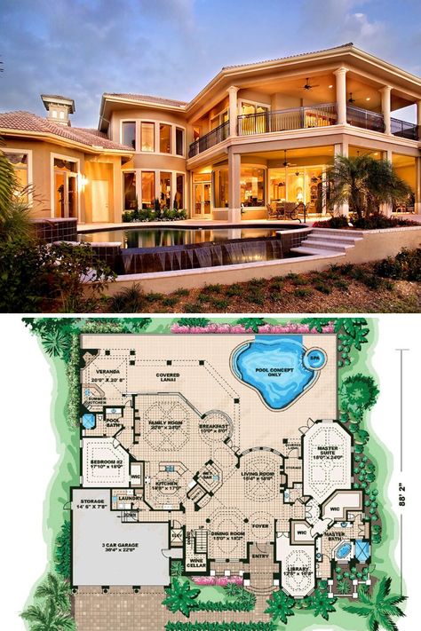 Stunning backyard with a Mediterranean style exterior and architecture design, plus pool! This large 2 story modern Mediterranean house plan has 5 bedrooms and 5.5 bathrooms. Mediterranean homes interior await! Get the full floor plan, & blueprint layout of this under 7000 sq ft luxury Florida home at https://www.architecturaldesigns.com/house-plans/mediterranean-dreamscape-66020we?cjevent=4f296bbf9e1d11ea8155099d0a18050d #blueprint #floorplan #2story #twostory House With Pool Floor Plans, Bathrooms Mediterranean, 7000 Sq Ft House Plans, Simple Beach House Plans, Modern Beach House Plans, Mediterranean Floor Plans, Simple Beach House, Beach House Flooring, Beach House Floor Plans