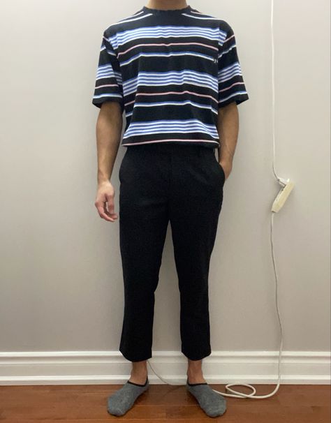 Black ankle pants and a tucked in black tshirt with blue, white and pink horizontal stripes. Ankle Pants, Korean Fashion, Mens Outfits, Pants, T Shirt, Trousers