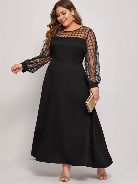 Plus Geo Mesh Shoulder Fit and Flare Dress | SHEIN USA Simple Black Dress Plus Size, Black Mother Of The Bride Dress, Dress For Big Size Woman, Plus Size A Line Dress, Plus Size Work Dresses, Big Size Dress, Maxi Long Dress, Weekend Dresses, Elegant Dresses Classy