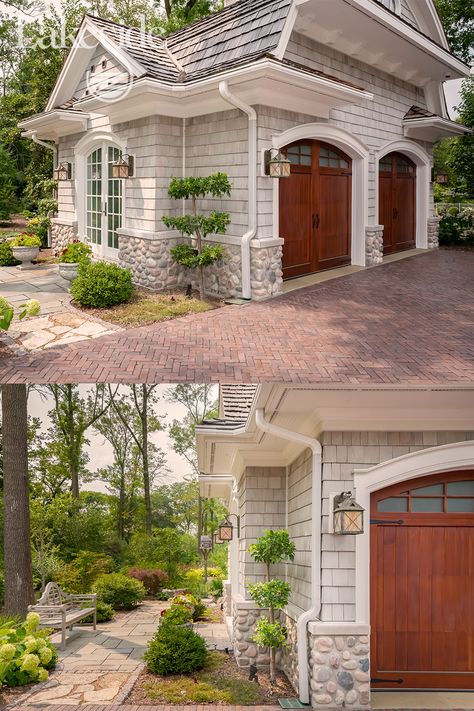 French Provincial Garage Doors, French Country House Backyard, French Country Siding Exterior, French Country Detached Garage, French Carriage House, Fancy Garage Doors, French Garage Doors, French Country Garage Doors, Exterior Garage Ideas