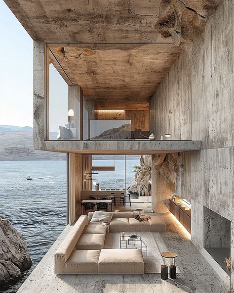 Seaside Haven by Monika Pancheva @panchevamonika @monikapancheva, An Ode to Structure 🔗 https://www.amazingarchitecture.com/visualization/seaside-haven-by-monika-pancheva-an-ode-to-structure Monika Pancheva: Seaside Haven is a modern architectural marvel situated on Portugal’s breathtaking shoreline. With 210 square meters of carefully designed space, this home masterpiece offers an unmatched living experience by the sea. With its rigid, geometric shapes, the building makes a dramatic silho... Mango Verde, Dramatic Silhouette, Brutalism Architecture, Brutalist Buildings, Modern Residence, Concrete House, Structure Architecture, Minimalist Architecture, Very Interesting