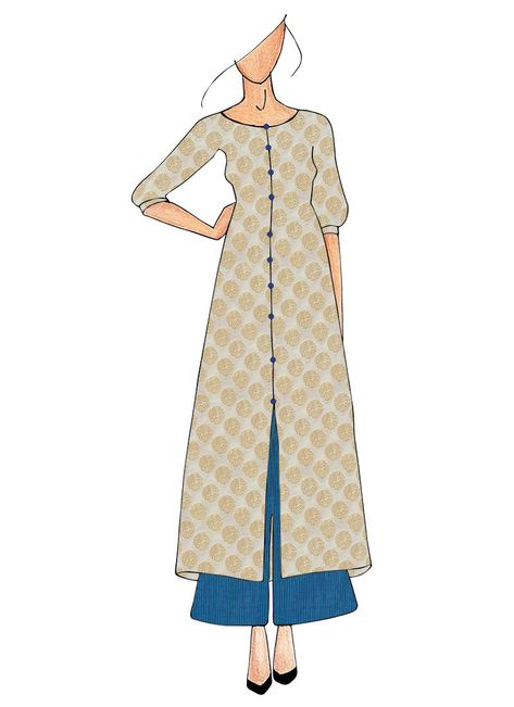 Cream Straight Kurthi Palazzo Suit Kurti Drawing Sketches, A Line Dress Illustration, Kurti Illustration Sketch, Kurti Illustration, Kurti Sketch, Suits Illustration, Female Croqui, Garment Illustration, Dresses Kurti