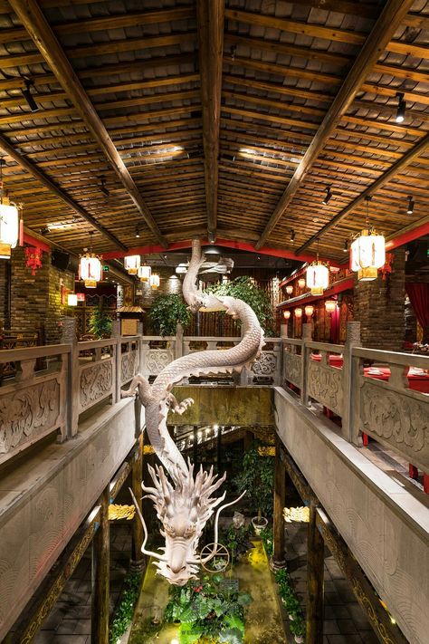 Resturant Interior Design, Chinese Restaurant Interior Design, Modern Chinese Restaurant, Dragon House, Museum Exhibition Design, Dragon Decor, Interior Design Sketches, Asian Restaurants, Dragon Sculpture