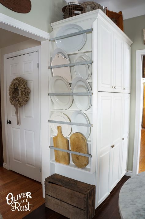 Few of us have a drawer big enough for those pretty platters we only take out during the holidays. A wall rack is a great way to utilize bare space in your kitchen or dining room – and the serveware is so pretty that your collection can double as decor. See more at Oliver & Rust »   - HouseBeautiful.com Platter Storage, Diy Plate Rack, Elegant Kitchen Design, Small Kitchen Storage, Plate Rack, Plate Racks, Kitchen Storage Solutions, Elegant Kitchens, Tiny Kitchen