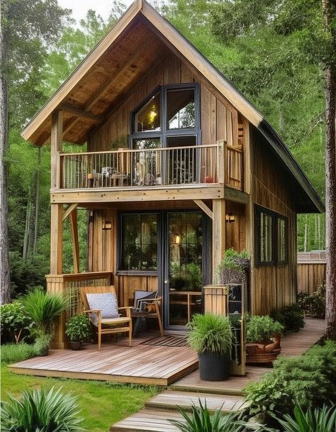 Tiny Timber Treasure Tree House Cabins, Tiny House Cabin Small Cottages, Rustic Tiny House Cabin, Forest Landscaping, Timbercraft Tiny Homes, Small Rustic House, Interesting Homes, Small Barndominium Ideas, Rustic Tiny House