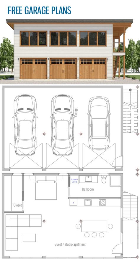 Free Garage Plan Garage Plans With Loft, Plan Garage, Guest House Plans, Carriage House Plans, Unique House Plans, Little House Plans, Garage Apartment Plans, Garage Floor Plans, Modern Garage