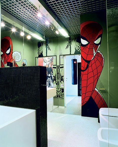 Spider-Man bathroom Boys Bathroom Ideas, Green Bathroom Paint, Penthouse Bathroom, Dream Comic, Kids Bathroom Girls, Superhero Bathroom, Kids Bathroom Ideas Shared, Boys Bathroom Decor, Man Bathroom