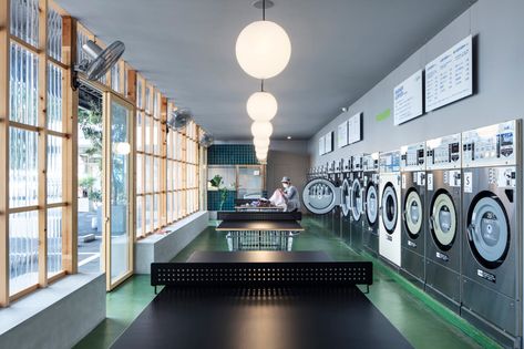 Take a look Inside Laundry Holiday/Yoshio Ice Cream | Hypebeast Laundromat Business, Laundry Business, Commercial Laundry, Laundry Mat, Laundry Shop, Concrete Bench, Wash N Go, Off Grid Cabin, Split Level House