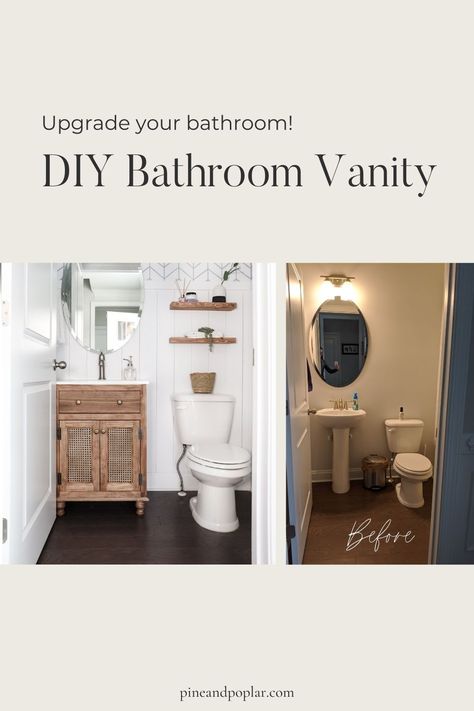 Get rid of that pedestal sink and replace it with a DIY bathroom vanity that offers some storage as well! Check out the tutorial to build beautiful cane bathroom vanity for yourself! Sink Next To Toilet, Replace Bathroom Vanity, How To Build Your Own Bathroom Vanity, Sink Cabinet Ideas, Small Half Bathroom Ideas Pedestal Sink, Pedestal Sink To Vanity, Pedestal Sink Makeover Diy, Vanity Built Around Pedestal Sink, Add Vanity To Pedestal Sink