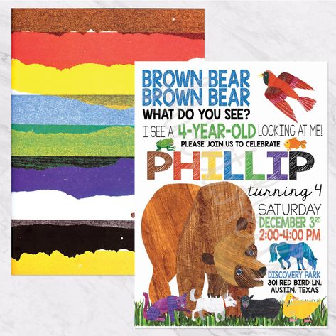 Brown Bear Brown Bear Birthday Invitation | Etsy Brown Bear Brown Bear Birthday Party, Brown Bear Birthday Party, Brown Bear Birthday, Brown Bear Brown Bear Birthday, Birthday Invitation Message, Book Birthday Parties, Brown Bear Brown Bear, Bear Birthday Party, Bear Brown