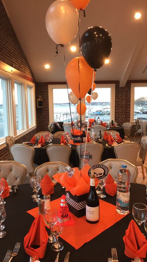 Harley Davidson Party Ideas For Men, Motorcycle Themed Birthday Party For Men, Harley Party Decorations, Harley Davidson Party Decorations, Harley Davidson 60th Birthday Party, Harley Davidson Centerpieces Ideas, Motorcycle Centerpiece Ideas, Harley Davidson Birthday Party Ideas, Harley Davidson 50th Birthday Party