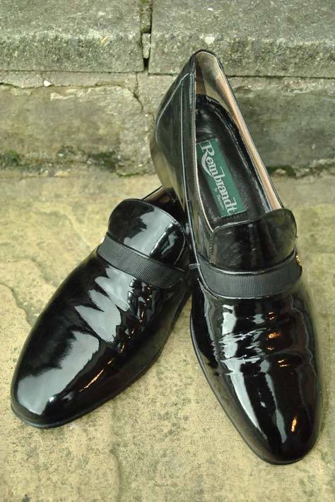 men's patent leather formal dress shoes, slip on at Top Notch Vintage, Somerton. TA11 7PY Black Patent Shoes, Patent Leather Dress, Slip On Dress Shoes, Patent Shoes, Leather Dress Shoes, Window Displays, Rembrandt, Leather Dress, Stacked Heel