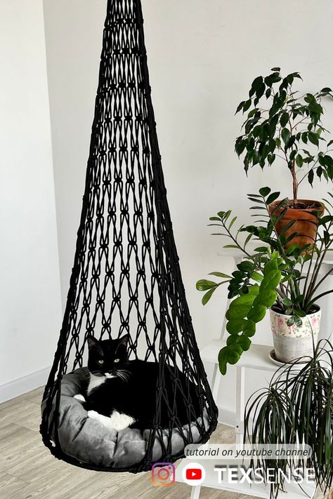 Macrame Patterns Cat Hammock, Macrame Hanging Cat Bed Free Pattern, Macrame For Cats Diy, Free Macrame Cat Hammock Patterns, Macrame For Cats, Cat Bed Macrame Tutorial, Crochet Hanging Cat Bed Free Pattern, How To Make A Cat Hammock, Macrame Cat Bed Tutorial