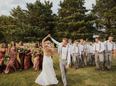 Wedding Party Fall Attire, Rust Colored Wedding Party, Rust And Gray Wedding, Terracotta And Grey Wedding Party, Fall Wedding Party Attire Color Palettes, Rustic Bridal Party Attire, Fall Bridal Party Attire Color Schemes, Wedding Party Green Color Schemes, Groomsmen Bridesmaids Color Schemes