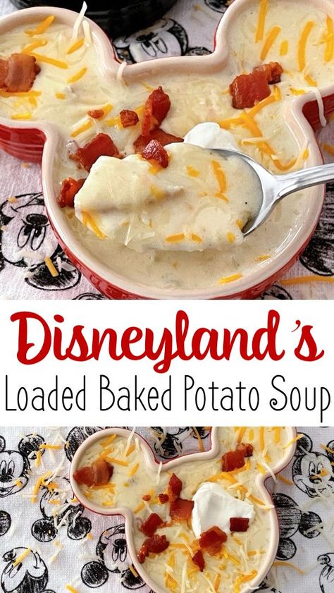 Indulge in Disney magic with our recipe for Carnation Cafe's Loaded Baked Potato Soup from Disneyland! Creamy potatoes, savory bacon, and gooey cheese combine for the ultimate comfort food experience. Recreate the iconic dish at home and bring a taste of Disneyland to your kitchen! Savory Bacon, Creamy Potatoes, Potato Bacon Soup, Ham And Potato Soup, Loaded Potato Soup, Loaded Baked Potato, Loaded Baked Potato Soup, Creamy Potato Soup, Food Experience