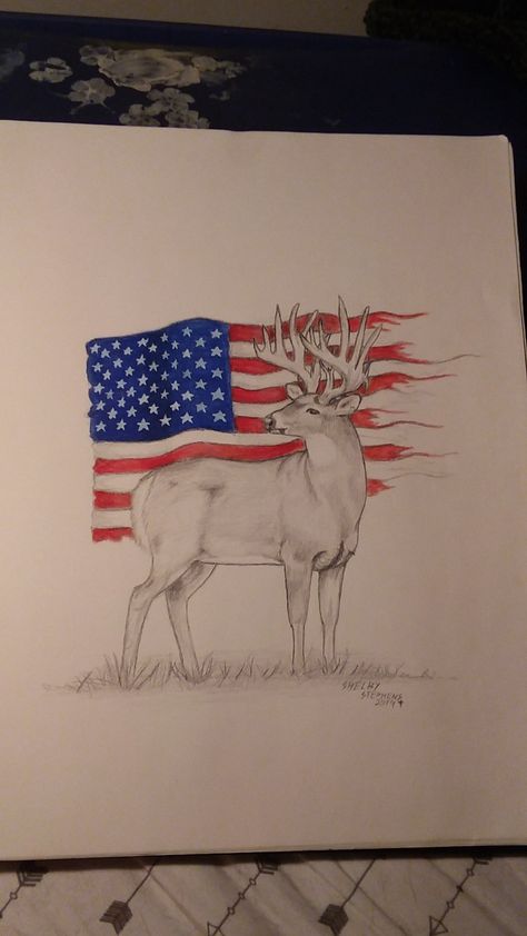 Whitetail deer and tatred American flag drawing 2019 American Flag Drawing, Flag Drawing, Whitetail Deer, Korean Artist, Everyday Objects, South Korean, 20 Years, South Korea, American Flag