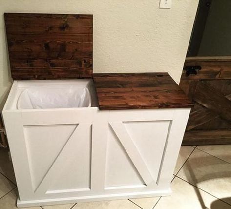 Diy Food Storage, Kitchen Trash Cans, Diy Kitchen Island, Dog Food Storage, Trash And Recycling Bin, Recycle Trash, Trash Bins, Recycling Bins, Diy Wood Projects