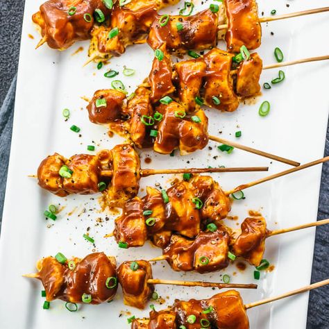 Chicken Satay With Peanut Sauce - Savory Tooth Quick Party Appetizers, Chicken Satay With Peanut Sauce, Satay Skewers, Chicken Satay Skewers, Thai Chicken Satay, Chicken Satay Recipe, Easy Peanut Sauce, Satay Recipe, Healthy Appetizer Recipes