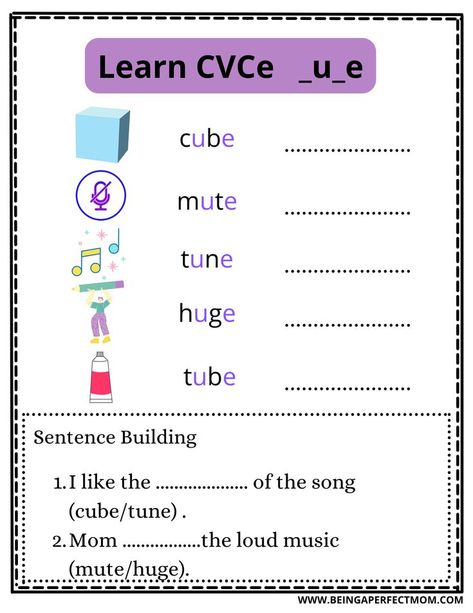 Learn CVCe (_u_e) words with examples of words and sentences with pictures. This is a reference for your homeschool resource. Sentence Building, Magic E, E Words, Phonics Worksheets, Homeschool Resources, Phonics, Learning Activities, Kids Learning, Preschool