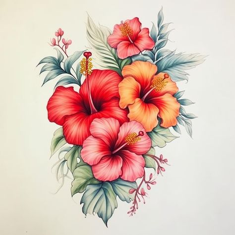 Hibiscus Tattoo Design, Exotic Flower Tattoos, Tropical Flower Tattoos, Hawaiian Flower Tattoos, Tattoo Design For Women, Plumeria Tattoo, Hibiscus Flower Tattoos, Hibiscus Tattoo, Flower Tattoo Drawings