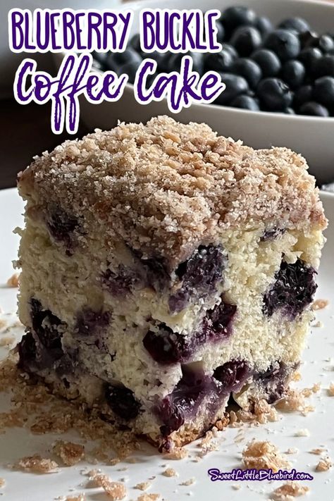 Photo of a piece of blueberry buckle cake on a white plate with a white bowl behind it filled with fresh blueberries. Blueberry Buckle Coffee Cake, Buckle Cake, Blueberry Coffee Cake Recipe, Berry Desserts, Blueberry Cobbler Recipes, Blueberry Buckle, Blueberry Dump Cakes, Streusel Coffee Cake, Lemon Blueberry Bread