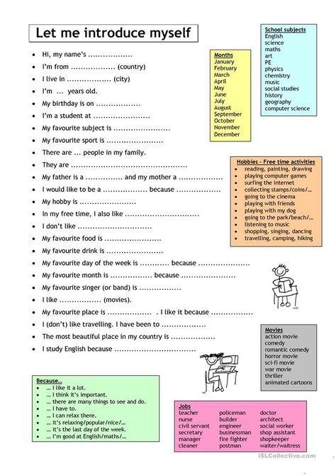 Let me introduce myself - English ESL Worksheets for distance learning and physical classrooms Let Me Introduce Myself, French Worksheets, Core French, Mind Maps, Introduce Yourself, Speaking Activities, French Classroom, Introduce Myself, French Resources