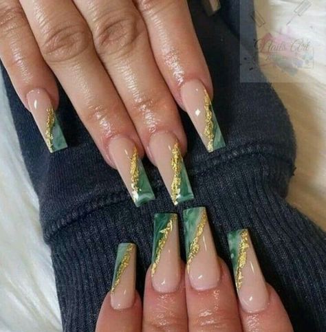 Dark Green Nails Medium Length, Good And Green Nails, Ballerina Green Nails, Emerald Green Nails With Gold French Tip, Emerald Green White And Gold Nails, Emerald Green Nails Square Short, Prom Nails Acrylic Emerald Green, Dark Green Birthday Nails, Emerald Green And Gold Nails Acrylic Prom