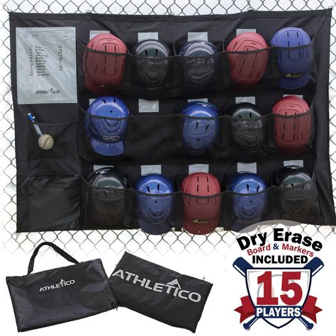 PRICES MAY VARY. 600D Polyester DUGOUT ORGANIZATION FOR UP TO 15 PLAYERS - 15 XL deep pockets to organizer your team's equipment, including baseball / softball / teeball helmets and catching mitts or gloves BUILT-IN DRY ERASE LINEUP CARD - Lineup card with 2 dry erase markers included. Post your lineup card for the whole team to see. Separate name tags over each slot allow for easy organization of game day gear. EASILY HANGS ON MOST DUGOUT FENCES - Features 7 metal fence hooks (5 upper & 2 lower Dugout Organization, Tee Ball Mom, Baseball Dugout, Softball Outfits, Team Organization, Baseball Helmet, Helmet Bag, Lacrosse Sticks, Batting Gloves