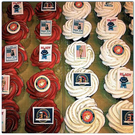 Cupcakes trimmed in gold & decorated with fondant designs of U.S. Marine Corp logo & vintage posters Usmc Cupcake Ideas, Fondant Designs, Us Marines, Logo Vintage, Themed Cupcakes, Gold Decor, Marine Corps, Vintage Logo, Party Time