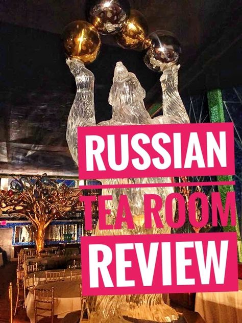 The words "Russian Tea Room Review" superimposed over an image of an ice bear sculpture that is an aquarium at the Russian Team Room in New York City. Photo credit: M. Ciavardini. The Russian Tea Room Nyc, Russian Tea Room Nyc, Russian Tea Room, Bear Photo, Mikhail Baryshnikov, Gold Dining, Russian Tea, Visit New York City, Ice Sculpture