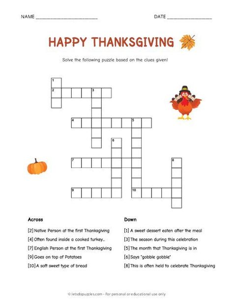 Thanksgiving Crossword Puzzle, Thanksgiving Crossword, Fun Activities With Kids, Christmas Crossword, Thanksgiving Worksheets, Thanksgiving Words, Printable Puzzles For Kids, Activities With Kids, Puzzle For Kids