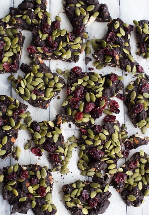 Loaded Dark Chocolate Autumn Bark Cucumber Bites, Roasted Pumpkin Seeds, Coconut Chips, Raw Desserts, Chocolate Nuts, Pumpkin Seed, Holiday Foods, Chocolate Bark, Oven Recipes