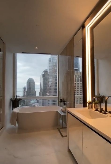 City Apartment Aesthetic Bathroom, La Condo Aesthetic, Bathroom Nyc Apartment, Modern Homes Aesthetic, Dr Apartment Shifting, Dream House Apartment, Penthouse Apartment Aesthetic Bathroom, New York City Apartment Bathroom, Nyc Apartment Aesthetic Bathroom