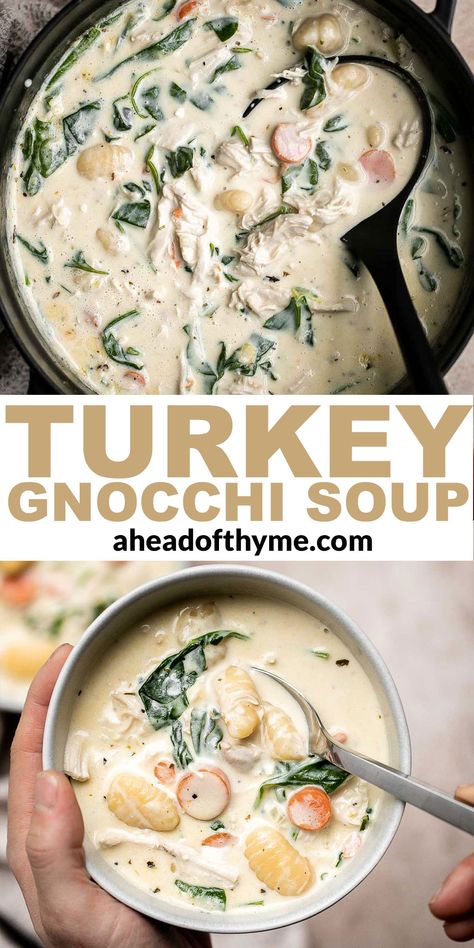 Rotisserie Chicken Gnocchi, Turkey Gnocchi Soup, Turkey Gnocchi, Creamy Turkey Soup, Gnocchi Recipes Soup, Gnocchi Dishes, Leftover Turkey Soup, Turkey Soup Recipe, Slow Cooker Turkey Breast