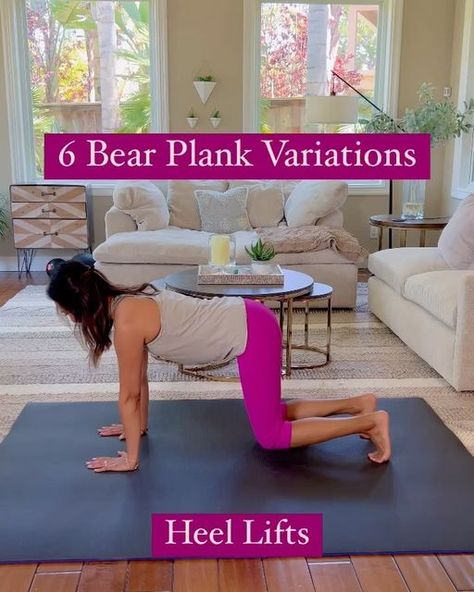 Cheryl Walker on Instagram: "🤩Bear Plank Variations  ✨Bear planks have similar core benefits as regular planks but with less lumbar compression 🙌🏽  ✨If you struggle with planks because of lower back discomfort, give these a try 😃  ✨Bear planks are just as effective and challenging!   ✨You want to keep the knees hovering just a couple inches off the mat.   1️⃣Heel Lift 2️⃣Leg Extensions 3️⃣Knee Taps 4️⃣Shoulder Tap 5️⃣Donkey Kick 6️⃣Rock & Twist  🌟Try for 6-8 each and 2 sets for a quick core workout  🔥Tip: Keep the tailbone tucked under and lower abdominals engaged.  🔥Make sure to move slowly through the movements.  🌟Enjoy the shake! 😅  . . . . .  #homeworkouts #homeworkout #womensfitness  #exerciseathome #workoutsforwomen #pilates  #exercise #nogym #nogymneeded #coreworkout #core Bear Plank Variations, Bear Plank Workout, Bear Plank, Plank Benefits, Pilates Motivation, Shoulder Tap, Gabi Fastner, High Plank, Plank Variations