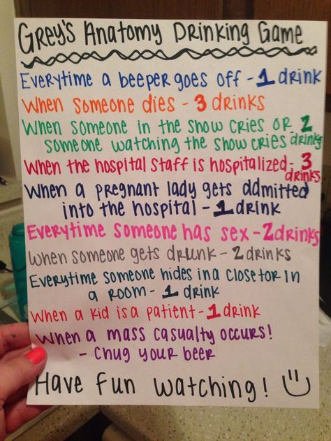 Grey's anatomy drinking game ;) perfect for any season :) Ideas For Girls Night, Movie Drinking Games, Drunk Games, Alcohol Games, Girls Night Movies, Teen Party Games, Drinking Games For Parties, Fun Drinking Games, When Someone Dies