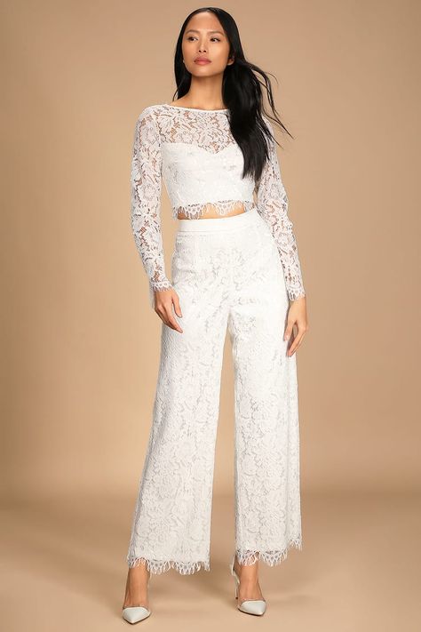 Dress For Reception, Lace Pants Outfit, Lace Jumpsuit Wedding, Bachelorette Party Dresses, Ivory Jumpsuit, White Jumpsuit Wedding, Jumpsuit Wedding, Jumpsuit Lace, Second Dress