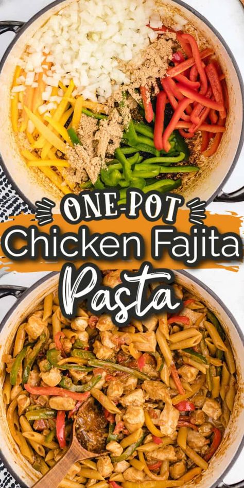 This One-Pot Chicken Fajita Pasta is bursting with flavor! We use classic chicken fajita ingredients like peppers and chicken but blend them together with a creamy pasta to make a quick and easy one-pot meal! One Pot Chicken Fajita Pasta, Fajita Pasta, Penne Pasta Recipes, Chicken Fajita Pasta, Pasta Chicken, Chicken Fajita, One Pot Chicken, Fajita Recipe, Cheesy Chicken